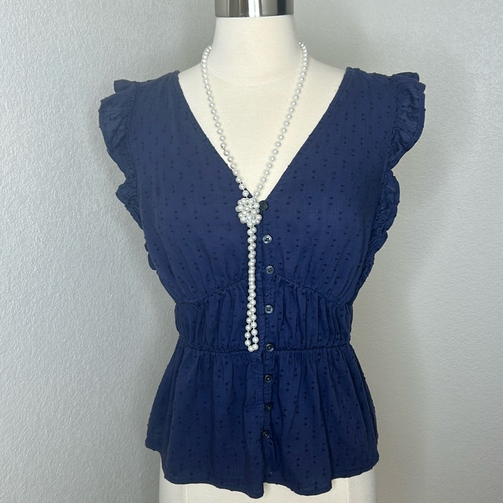 Old Navy medium blouse V neck button down tank top color Navy w/ stretchy back